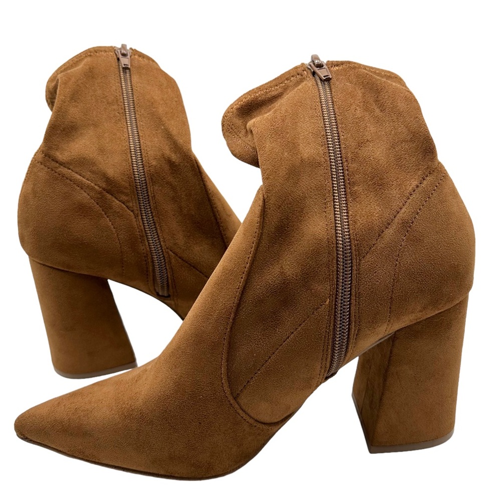 Steve Madden Hayes Point Toe Faux Suede Block Heel Stretchy Ankle Bootie Cognac - Picture 4 of 12